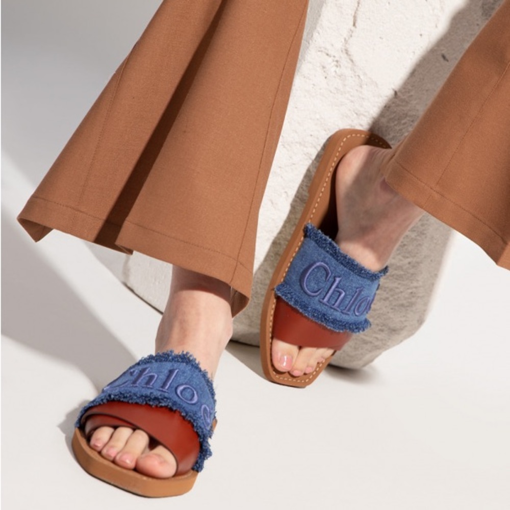NWT 100% Authentic Chloe Woody Logo Flat Denim Slide Sandals - Picture 8 of 16